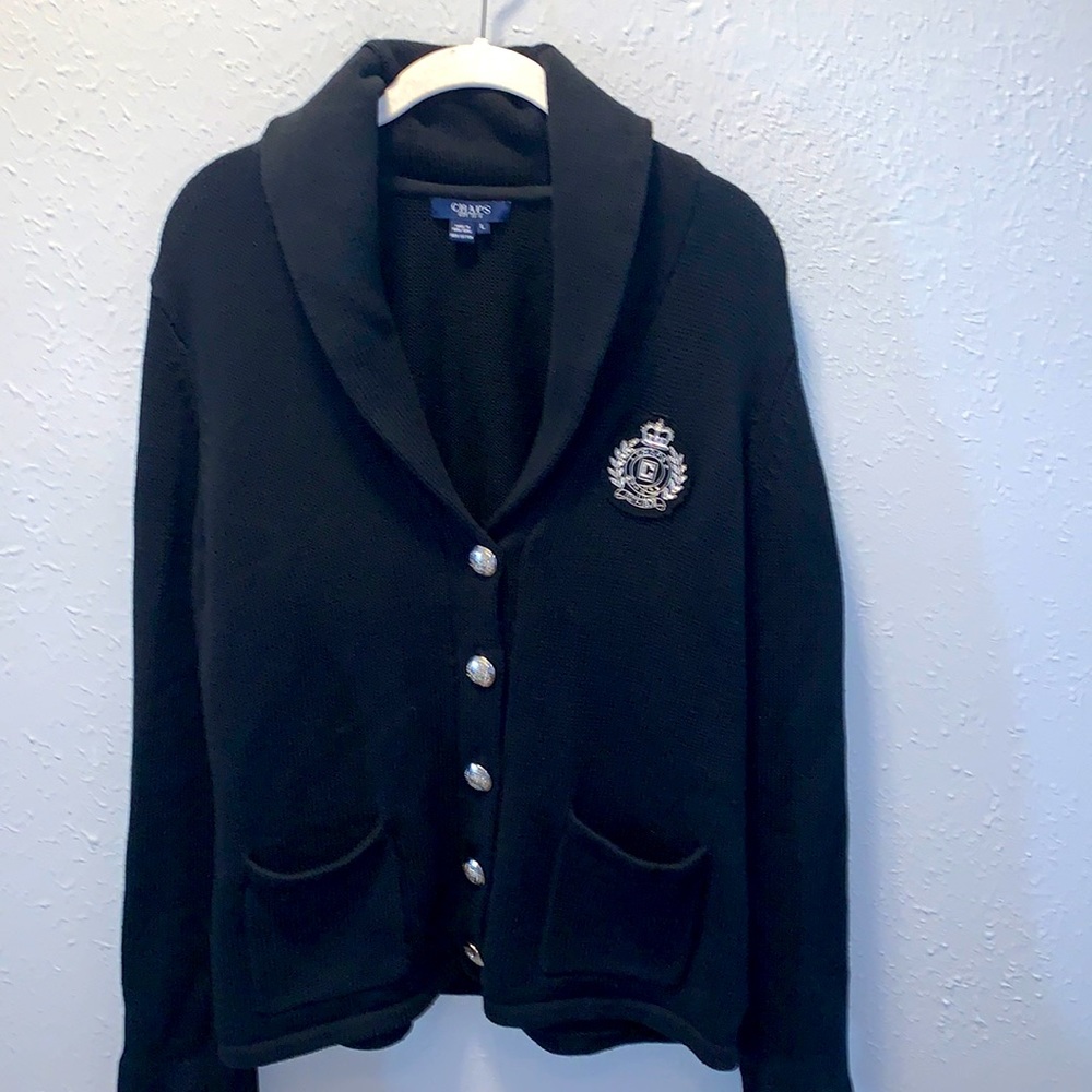 Vintage Chaps Black Preppy Button Crested Cardigan Sweater Women’s Sz Large